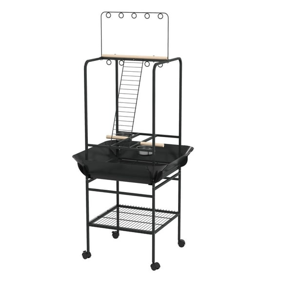 Bird Stand with Wheels - Parrot Play Gym - Stainless Steel Bowls & Perches - Dark Gray - Small Bird Stand - Indoor/Outdoor