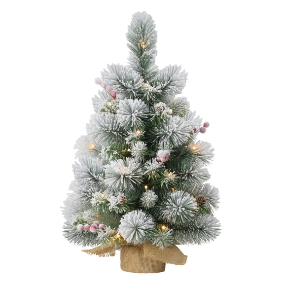 CC Christmas Decor Pre-lit Flocked Artificial Christmas Tree with Tan Sac - 2’ - White LED Lights