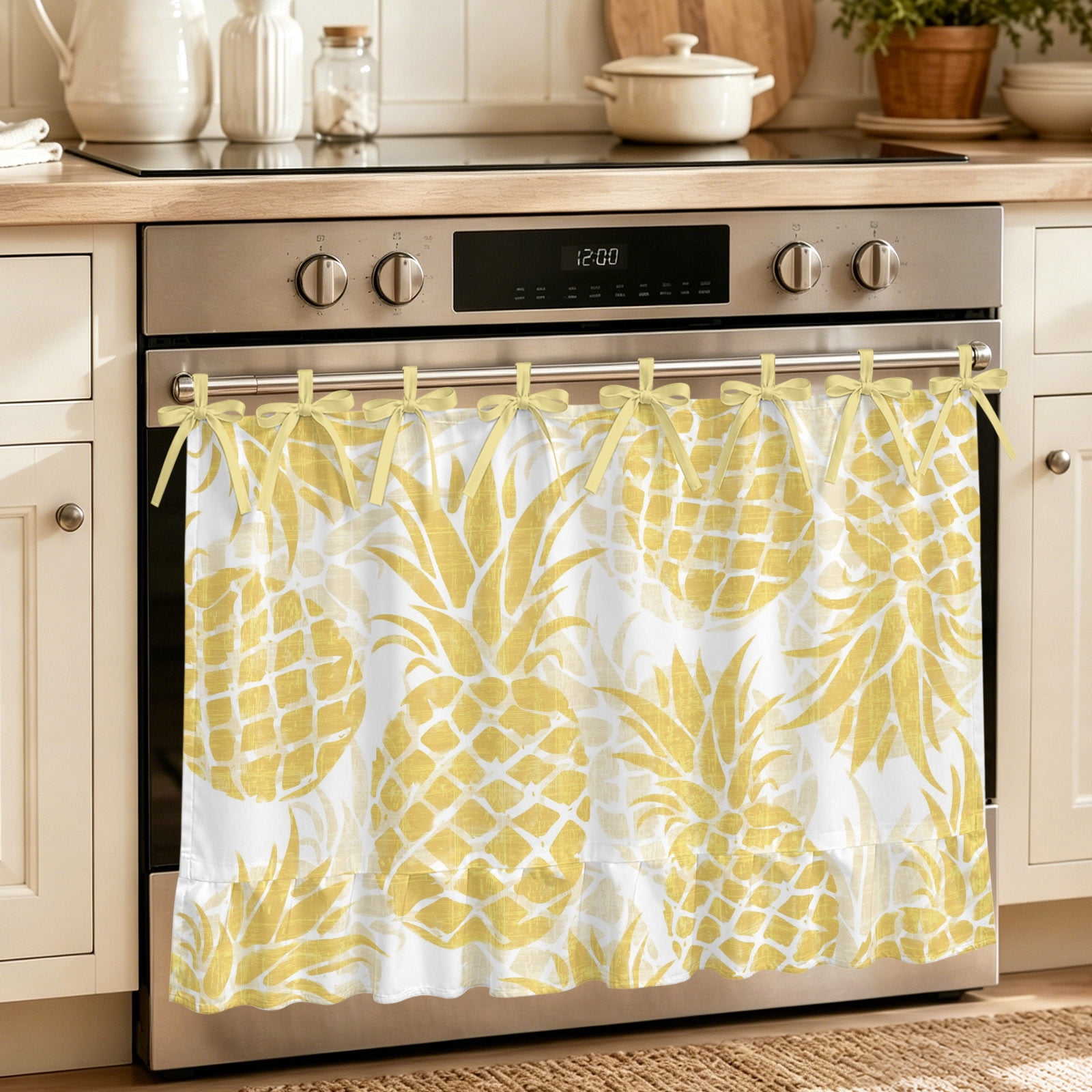 Oven Curtain for Kitchen Summer Yellow Pineapple Leaves Stove Curtain With Ruffled Trim Dishwasher Curtains Abstract Tropical Fruit Oven Skirt 27 x20