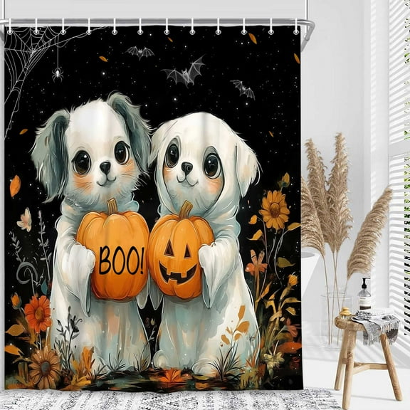 Halloween Dog Shower Curtain, Scary Pumpkin Cute Ghost Dogs Spider Web Horror Fun Fall Floral Cartoon Bathroom Shower Curtain Set, Boys Girls Fabric Bathroom Decor Set with Hooks, 72X72in