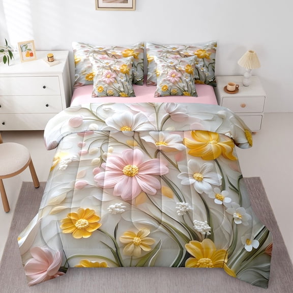 Homewish 3D Flowers 7-Piece Twin Bedding Sets for Teens Girls Boys,Dreamy Princess Bedding Comforter Set,Spring Graden Breathable Sheet Sets,Super Cozy Room Decor,Reversible