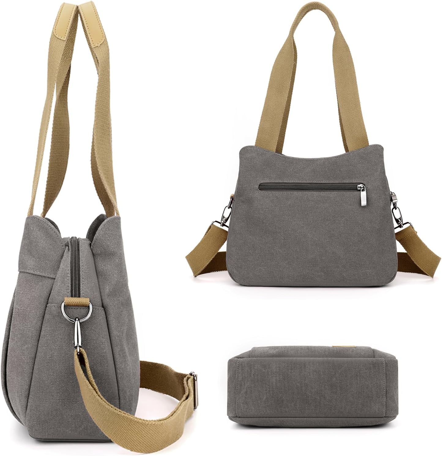 Heavy Duty Canvas Organized Hobo Bag for Women Daily Shoulder Crossbody Bag with 3 Compartment