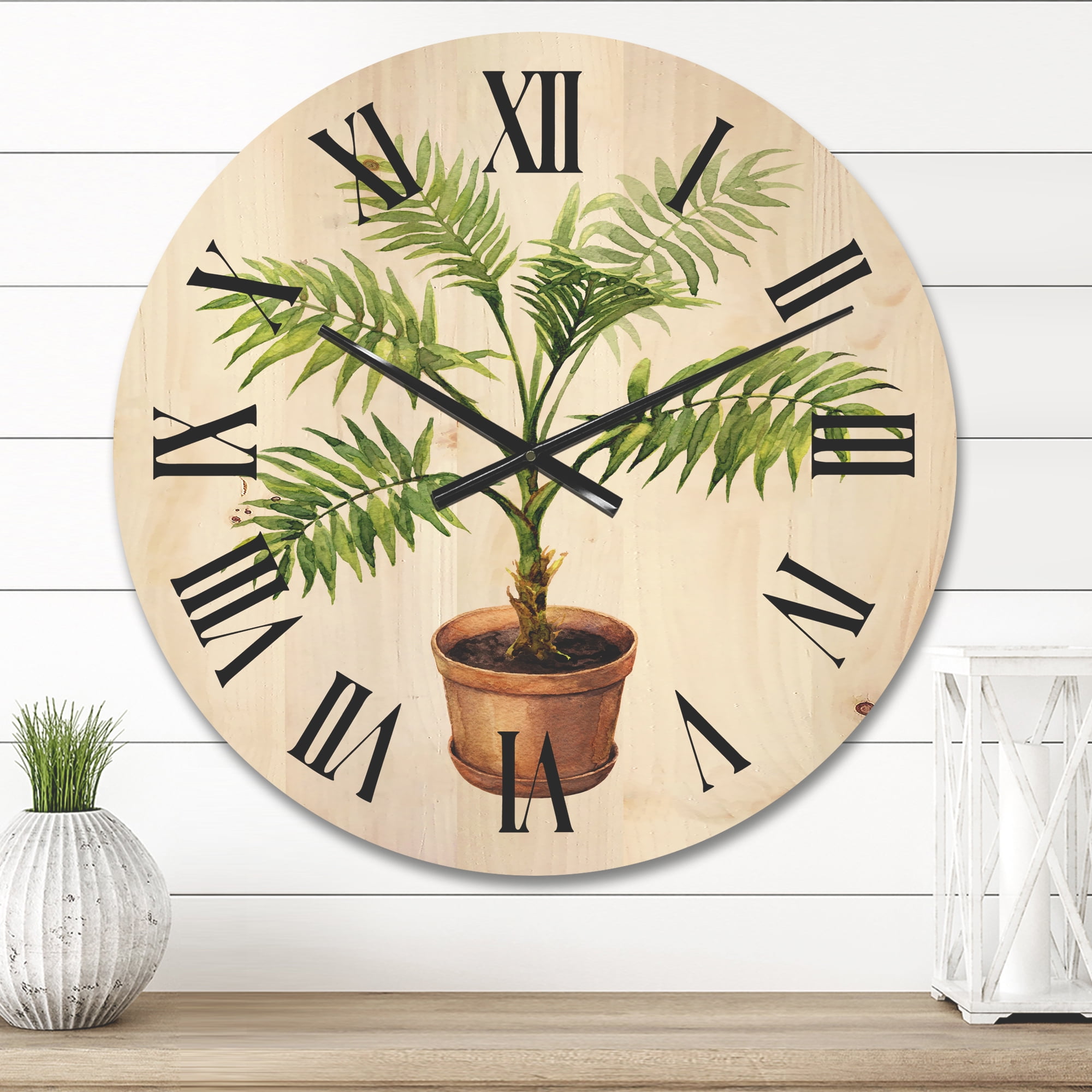 Designart 'Palm Plant In Clay Flowerpot' Traditional Wood Wall Clock