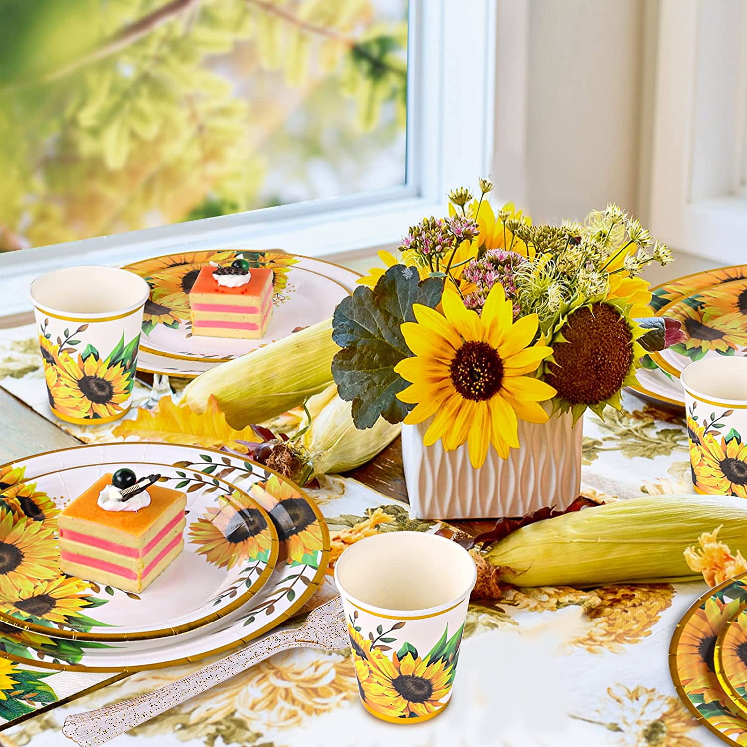 Sunflower Party Supplies Sunflower Plates and Napkins Set Sunflower Paper Plates Party Cups Napkins and Cutlery for Sunflower Birthday Baby