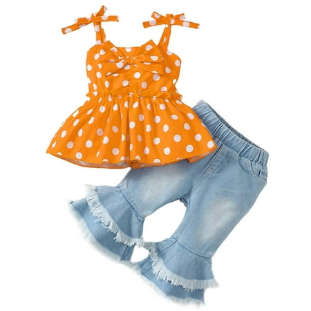 

KIMI BEAR Toddler Girls Outfits 2T Infant Girl Spring Summer Outfits 3T Infant Girl Lovely Carton Cute Polka-Dot Prints Sling Camisole Peplum + Ripped Denim Flare Pants 2PCS Set Blue