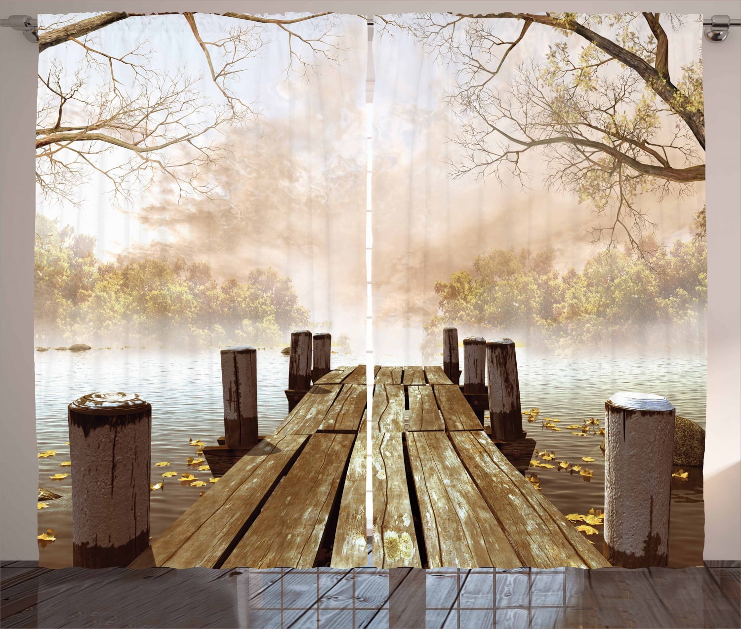 Fall Wooden Bridge Lake House Living Room Curtains 2 Panels Set