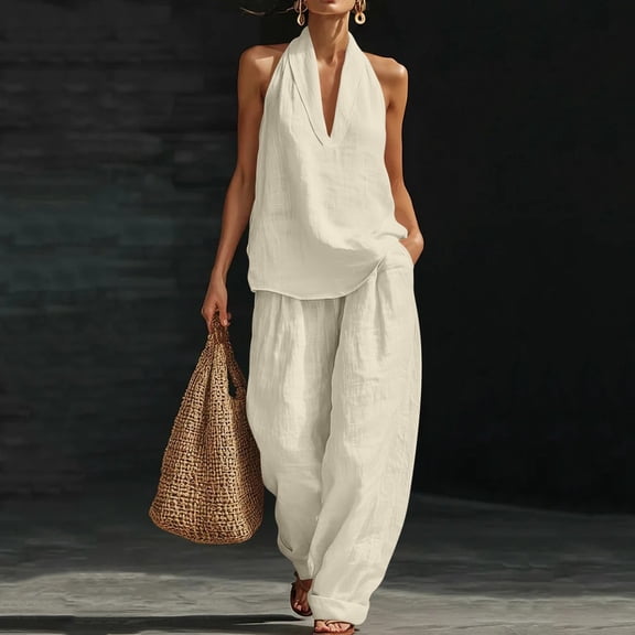 Xucatan Womens 2 Piece Linen Set, Sleeveless Solid Top and Elastic Waist Pants, Casual Pocket Trousers, Summer Matching Outfit Gift