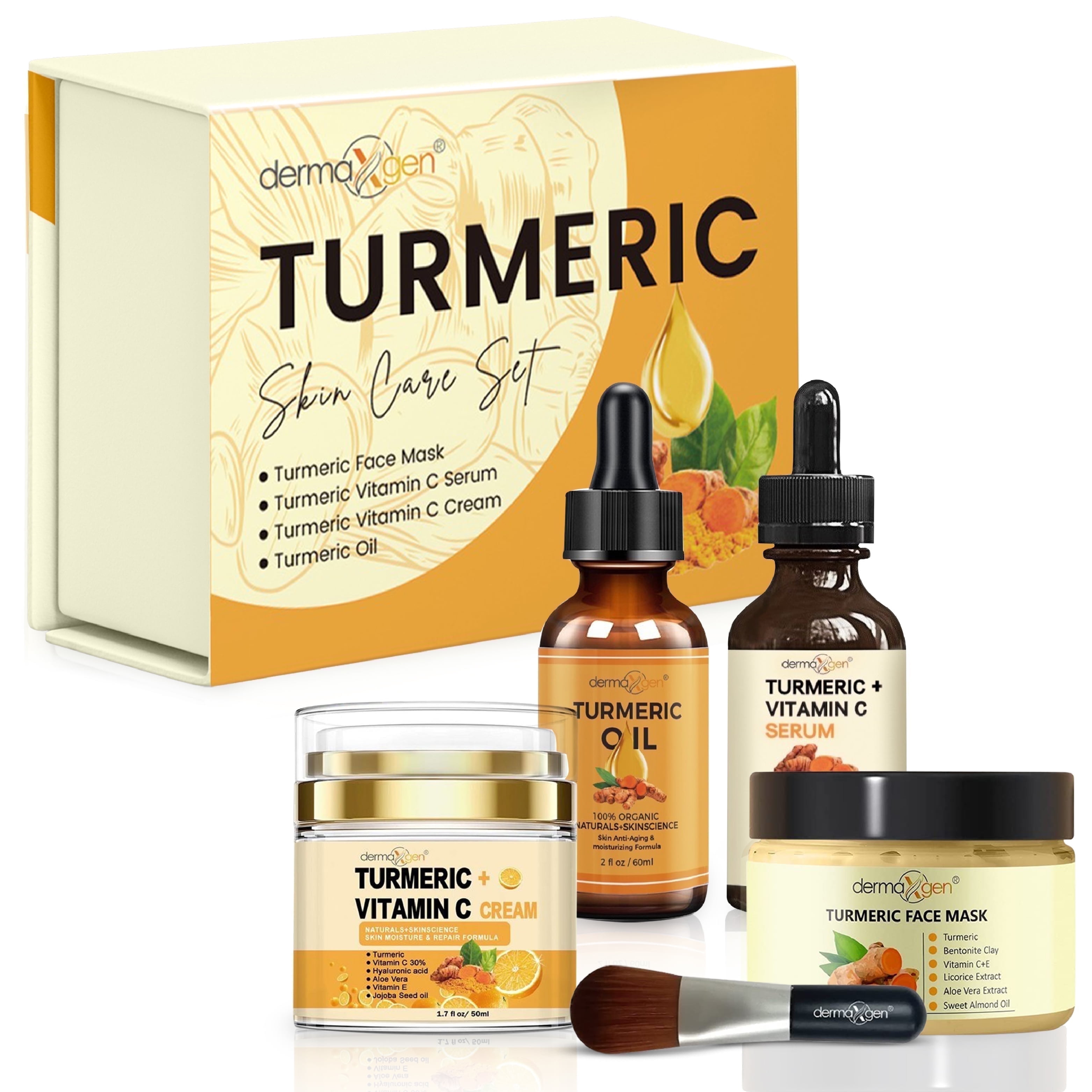DERMAXGEN Turmeric + 30% Vitamin C Face Glow Boosting Skincare Set β Moisturizer, Serum, Oil & Mask Jar with Brush - Normal, Dry & Oily Skin (Set Of 4)