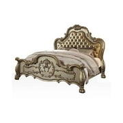 ACME Dresden Queen Bed in Bone Synthetic Leather & Gold Patina