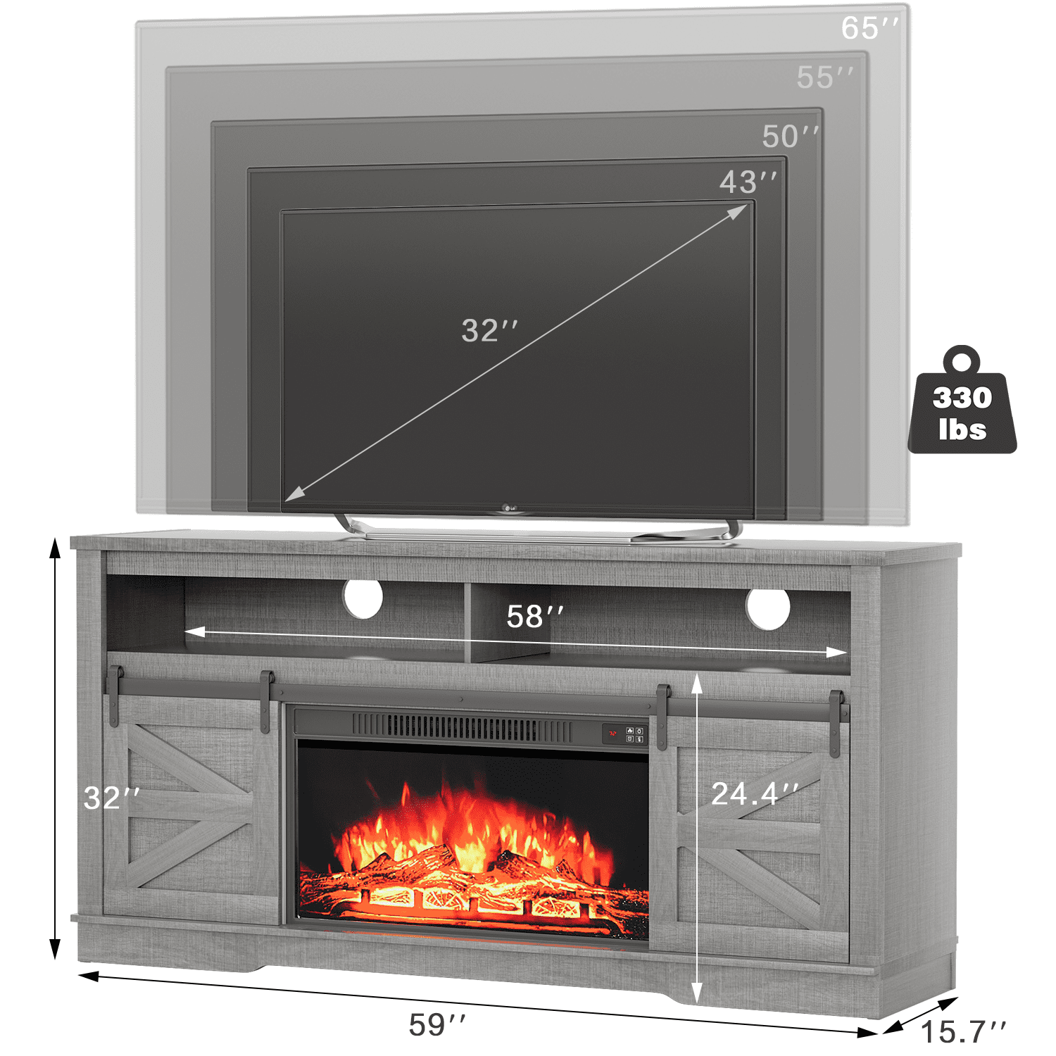 Homall Modern Farmhouse TV Stand with Electric Fireplace Media Storage TV Console Sliding Cabinet Doors,Gray