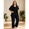 thumbnail image 2 of Homlouue Lounge Sets for Women Plus Size,2 Piece Outfit V-Neck Short Sleeve with Long Pants,Comfortable Ribbed Loungewear for Home or Outdoor(2XL,Black), 2 of 9