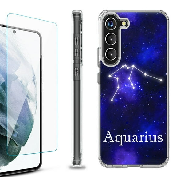 Shockproof Bumper Phone Case for Samsung Galaxy S23 5G, with Tempered Glass Screen Protector, by OneToughShield ® - Aquarius