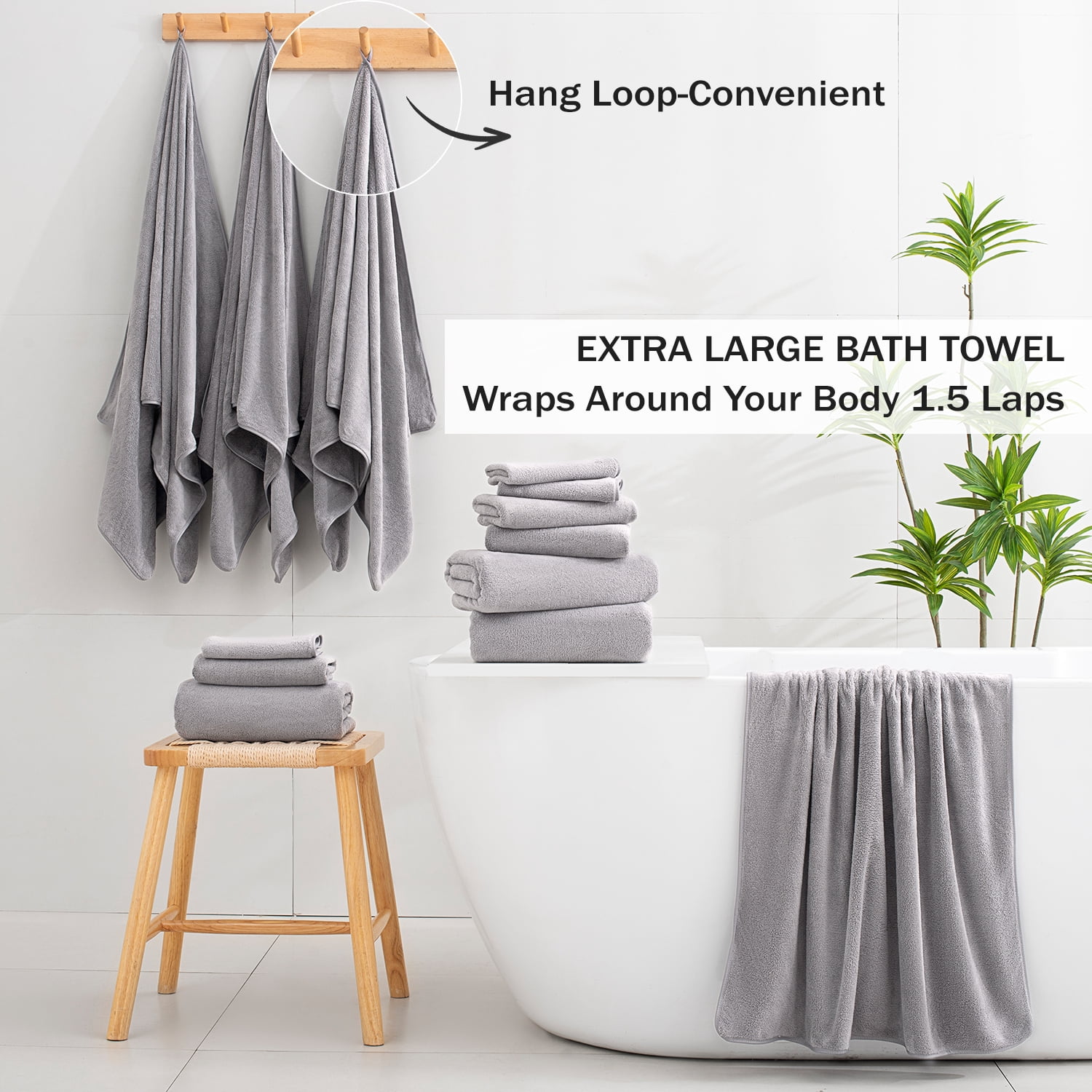 Green Essen 8 Pieces Bath Towel Set Bath Sheet 700 GSM Oversized Thick Bath Shower Towels 35"x 70"-Absorbent-Quick Dry-Multi-Purpose-Assorted Hotel Large Microfiber Bathroom Towels Light Grey
