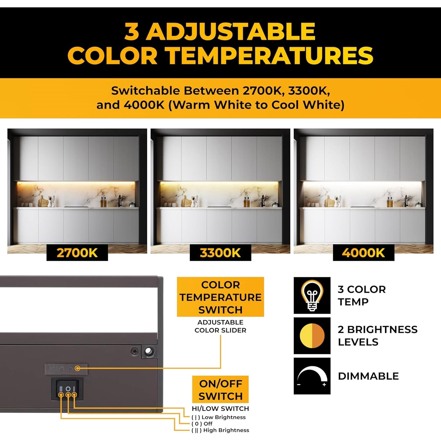 LED Under Cabinet Lighting Hardwired - 3CCT 18 Inch Bronze Finish - Undercabinet Lights for Kitchen - Linkable Undercounter Dimmable Plug in Light or Hard Wired - Under Counter Fixture Direct Wire