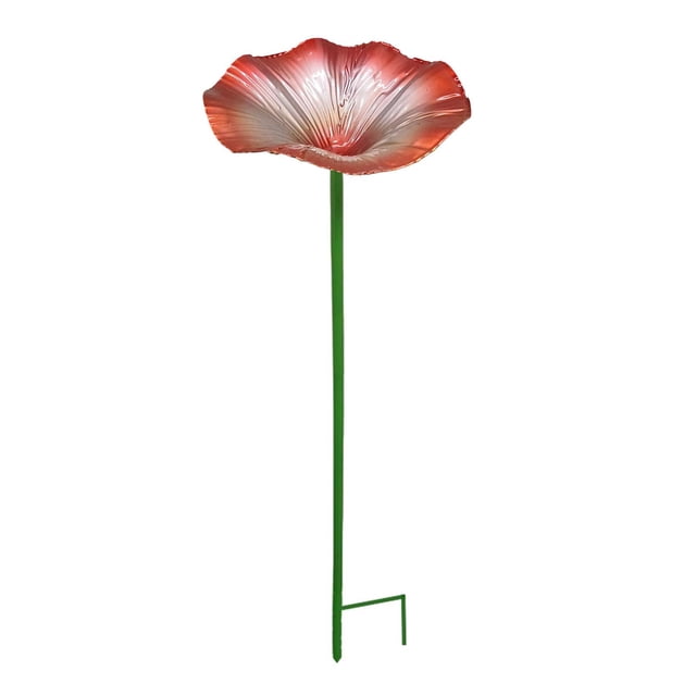Baño para pájaros, comedero para pájaros de pie con forma de flor, decoración metálica decorativa, comedero para pájaros para jardín, patio, césped, rojo