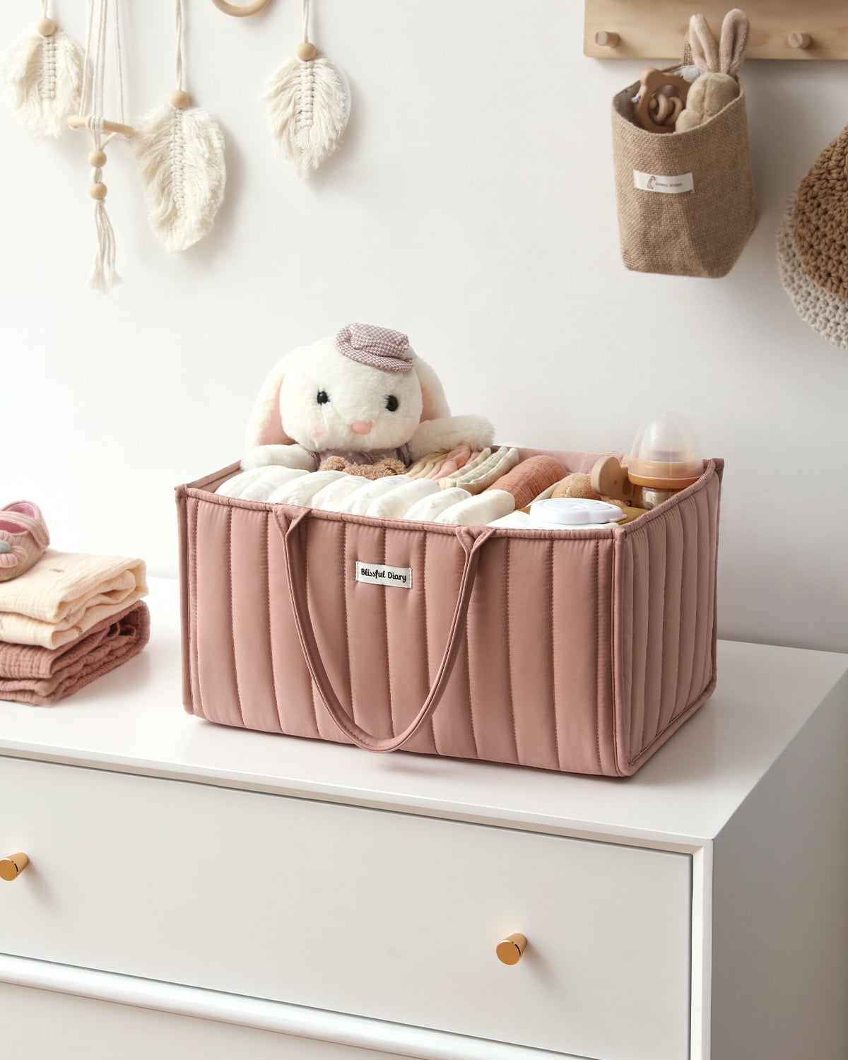 Blissful Diary Diaper Caddy Organizer,Baby Baskets for Baby Shower, Portable Nursery Changing Table Organizer, Diaper Bag, Infant Newborn Essentials Gift, Baby Registry Must Have, Dusty Rose
