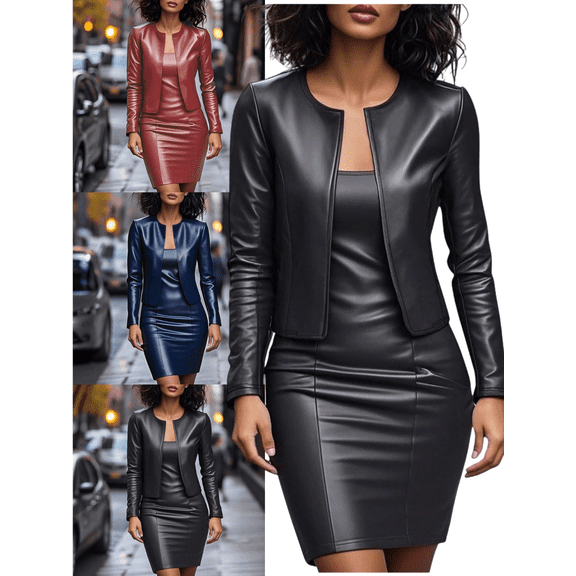 Mifsaly Burgundy Leather Dress Women 2 Piece Faux Leather Jacket and Pencil Skirt formal Business Dresss Set Bodycon Work Matching Outfits Fashion Workwear M