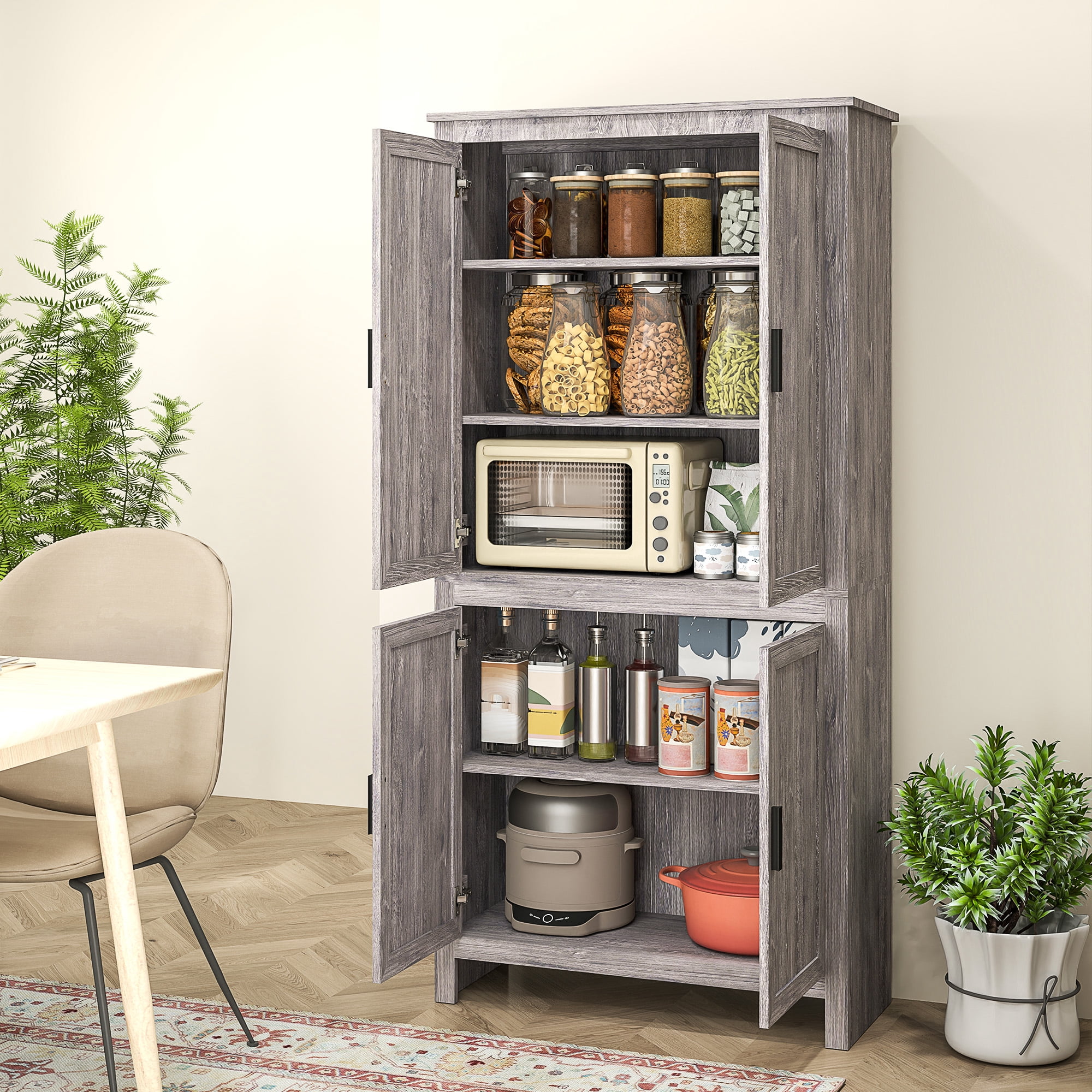 HOMCOM 64" Freestanding Kitchen Pantry Food Storage Cabinet w/ Shelves, Gray