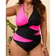 thumbnail image 2 of Plus Size Swimsuits for Curvy Women,One Piece High Waisted Swimwear,Summer Color Blocked Halter Criss Cross Bathing Suits L-5XL, 2 of 8