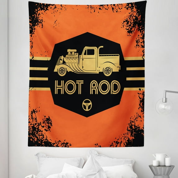 Retro Tapestry, Hot Rod Grunge Poster Design Custom Truck Americana Vintage Engine, Fabric Wall Hanging Decor for Bedroom Living Room Dorm, 5 Sizes, Orange Black Sand Brown, by Ambesonne
