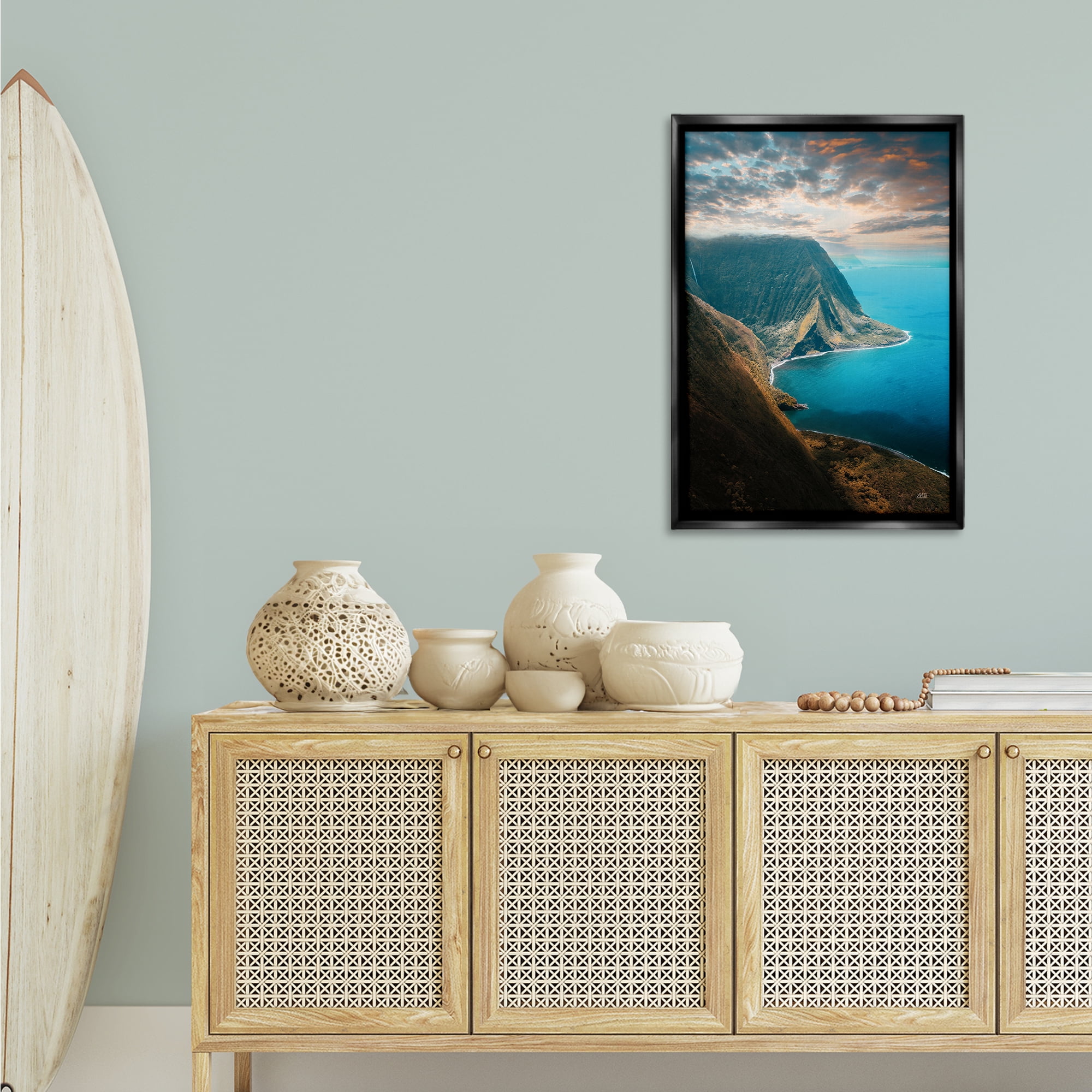Stupell Industries Hawaiian Coast Cliffs Landscape & Nature Photography Black Floater Framed Canvas Art Print Wall Art, 21 x 31