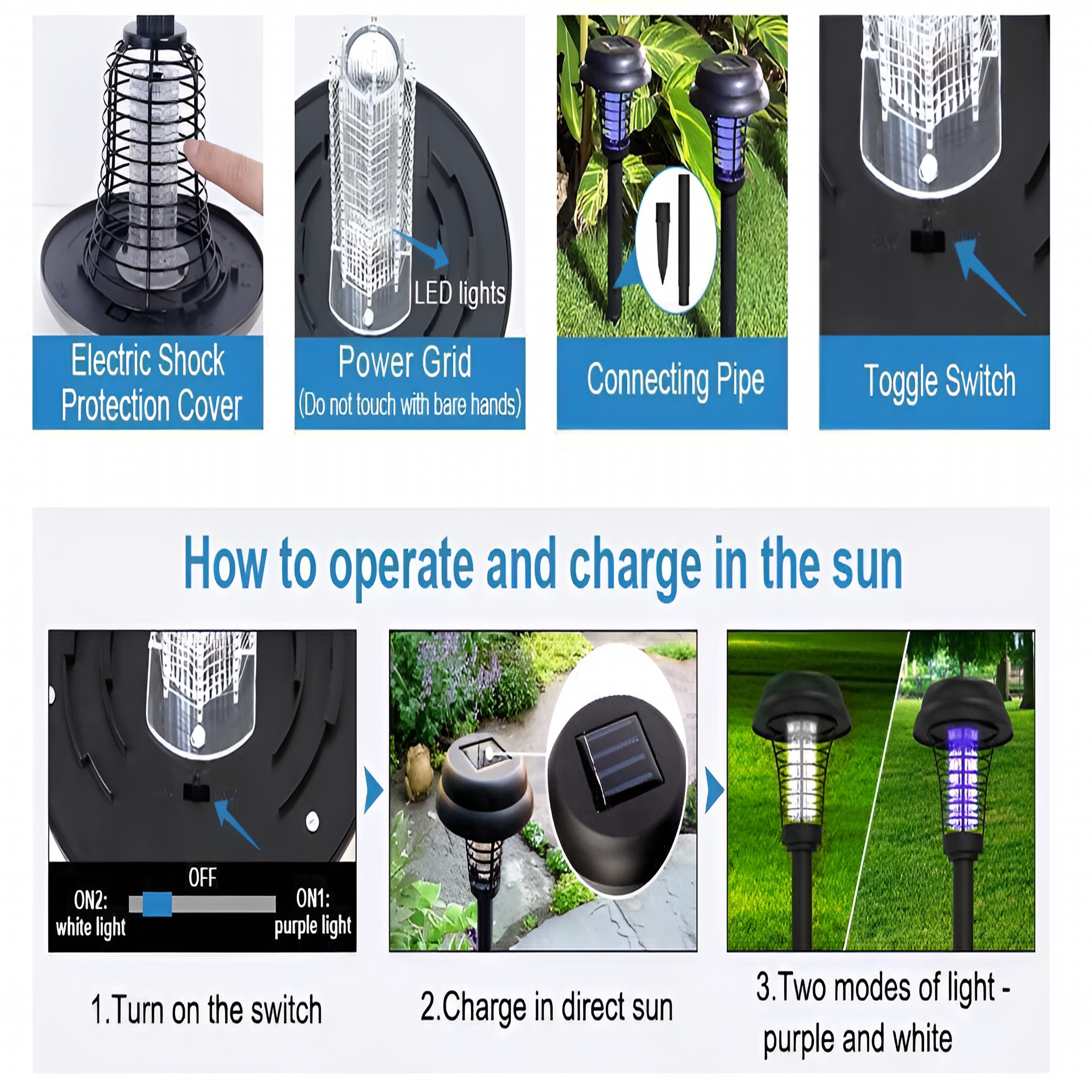 HIBIBUD 4PCS Solar Powered Zapper Lamp Light Outdoor Mosquito Fly Bug Insect Killer Trap Garden for Home Daily Life
