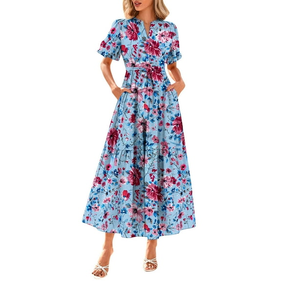 Tnhcen Women's Bohemian Casual Short Puff Sleeve V - Neck Floral Print Drawstring Waist Pocket Dress 4 - Way Stretch Plus Size S - 2XL Summer Beach Maxi Dress