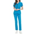 thumbnail image 2 of WULMLEO Womens Scrub Sets 2 Piece V Neck Stretch Scrubs Outfits Medical Short Sleeve Spring Nurse Uniform Tops and Pants Soft Comfortable Fashion Petite Nursing Workwear Sky Blue XL, 2 of 5