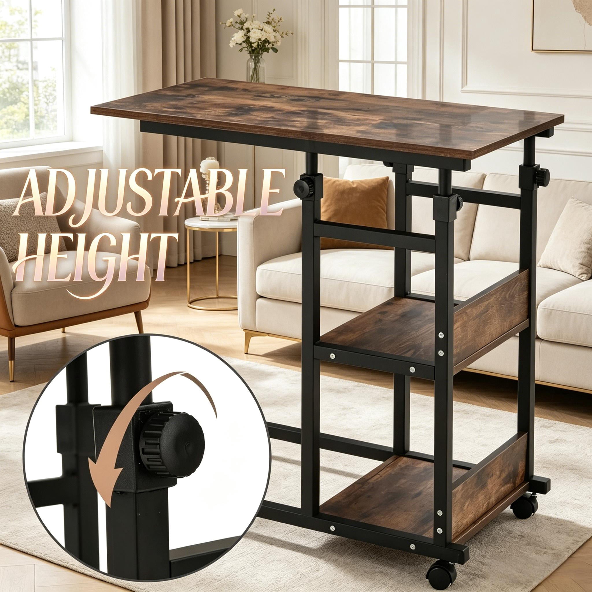 C-Shaped Height Adjustable Rolling Side Table, 3-Tier Mobile Utility Cart with Lockable Wheels, Multi-Purpose Sofa Snack Bar & Garden Table