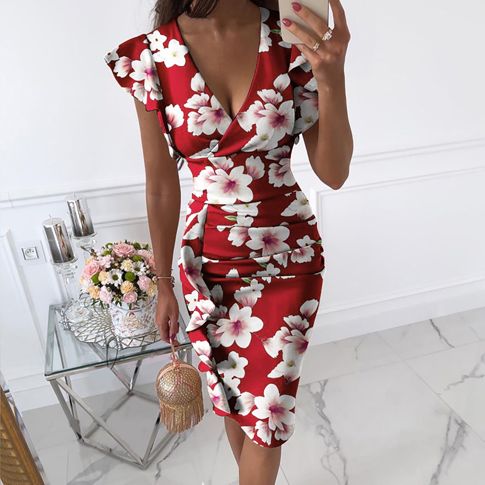 Clearance-Sale Sun Dresses For Women Cocktail Women V-neck Flowers Printing  Slimming Ruffle Hem Ruched Sleeveless Dress Party Sleeveless V-Neck Floral  Pattern Ruched Ruffle Swing Hem Slim Fit Dress - Walmart.com