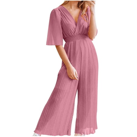 Women Elegant Jumpsuit Ladies Ribbed Wide Leg Playsuits High Elastic Waist V Neck One Piece Romper All In One Loose Overall Pants Short Sleeve Bodysuit Outfit for Casual Work Formal