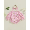 thumbnail image 3 of aturustex Infant Baby Girl 2 Piece Casual Outfits0-18M Newborn Ruffle Sleeve Romper Daisy Print Frill Trim Bodysuits Bow Headband Toddler Little Girls Fashion Cute Comfy Soft Spring Fall Clothes Set, 3 of 6