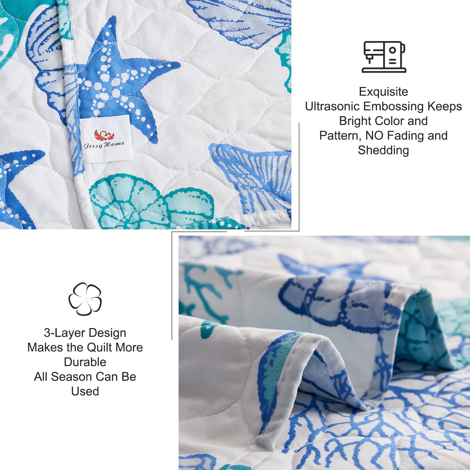 Kebury Ocean Beach Quilts Bedding Set Twin Size Lightweight Patchwork Coastal Quilted Bedding Blue Ocean Printed Coverlets Conch Seashell Starfish Seaweed Bedspreads (1 Quilt, 2 Pillow Shams)