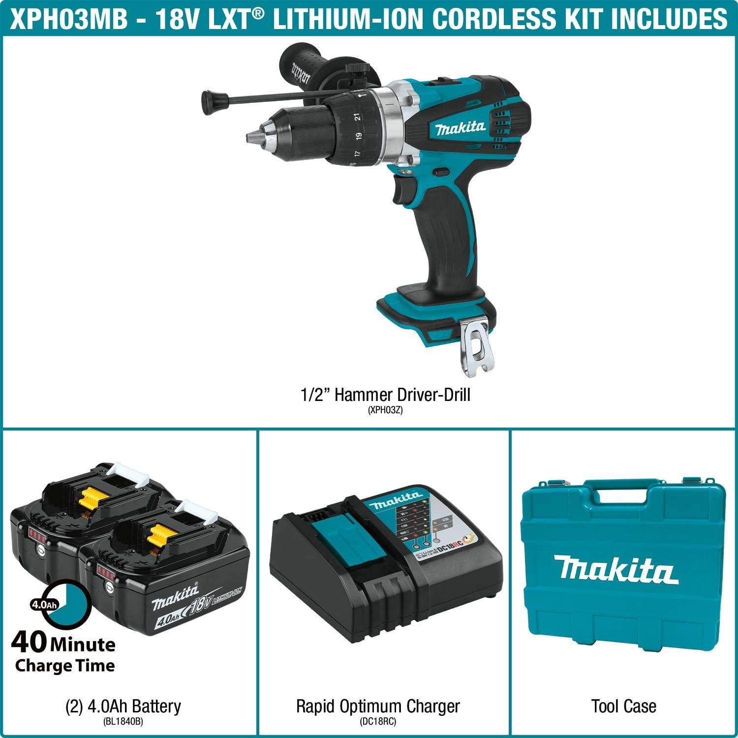 Makita 18V LXT® Lithium-Ion Cordless 1/2" Hammer Driver-Drill Kit (4.0Ah)