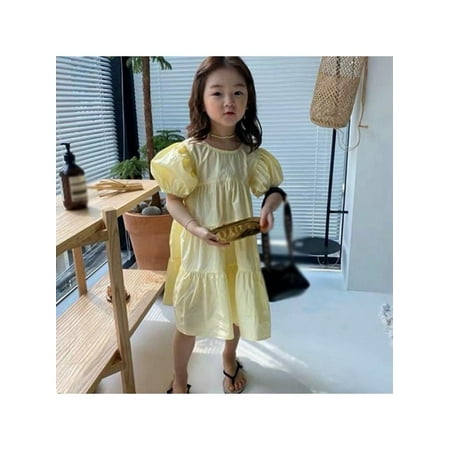 

Summer Girl s Sweet Solid Color Puffy Pleated Skirt With Puff Sleeves