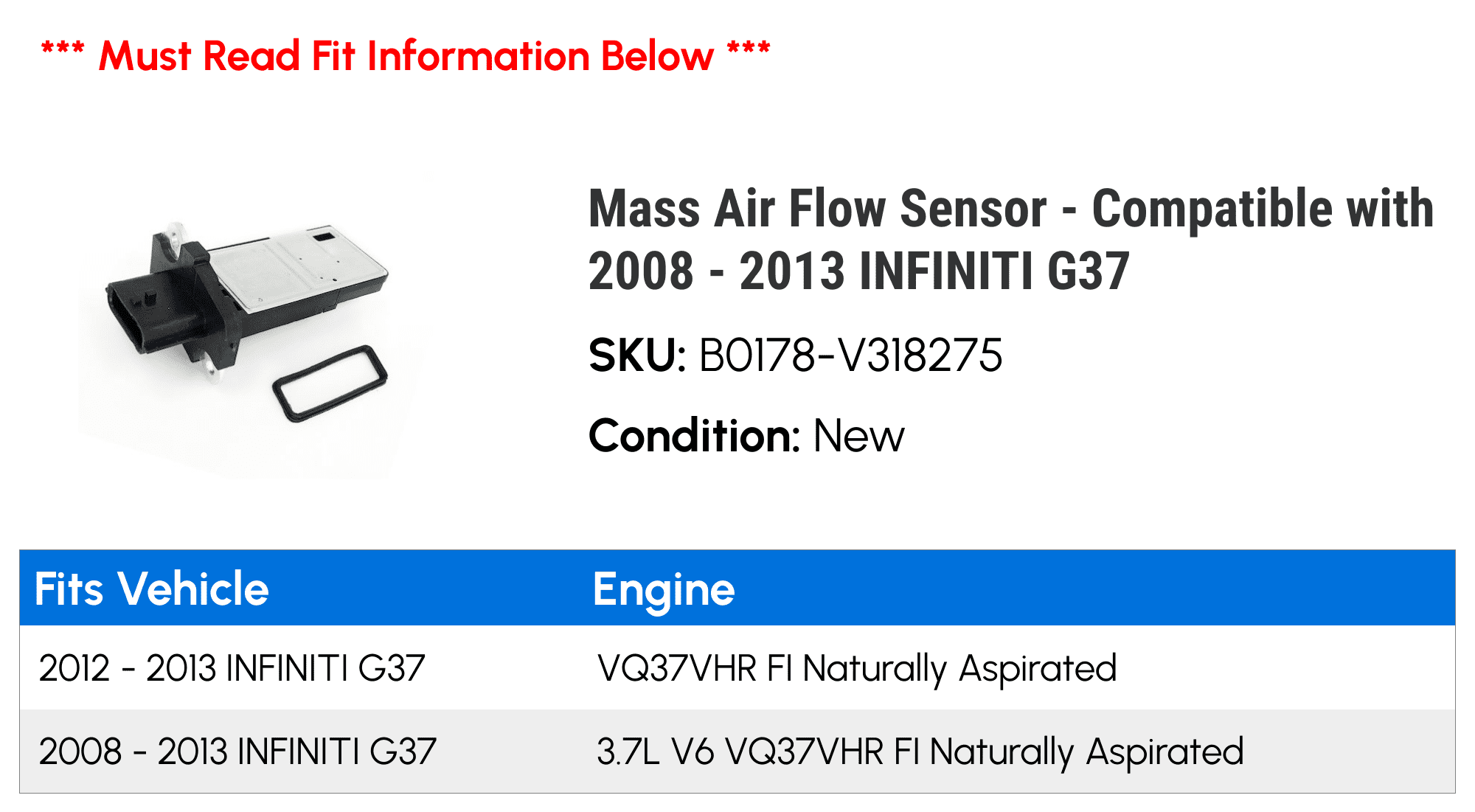 Mass Air Flow Sensor - Compatible with 2008 - 2013 INFINITI G37 2009 2010 2011 2012