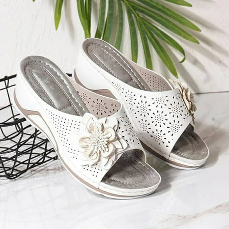 

Slippers Clearance Women Comfy Casual Shoe Open Toe Flat Hollow Flower Wedge Heel Slippers Sandals