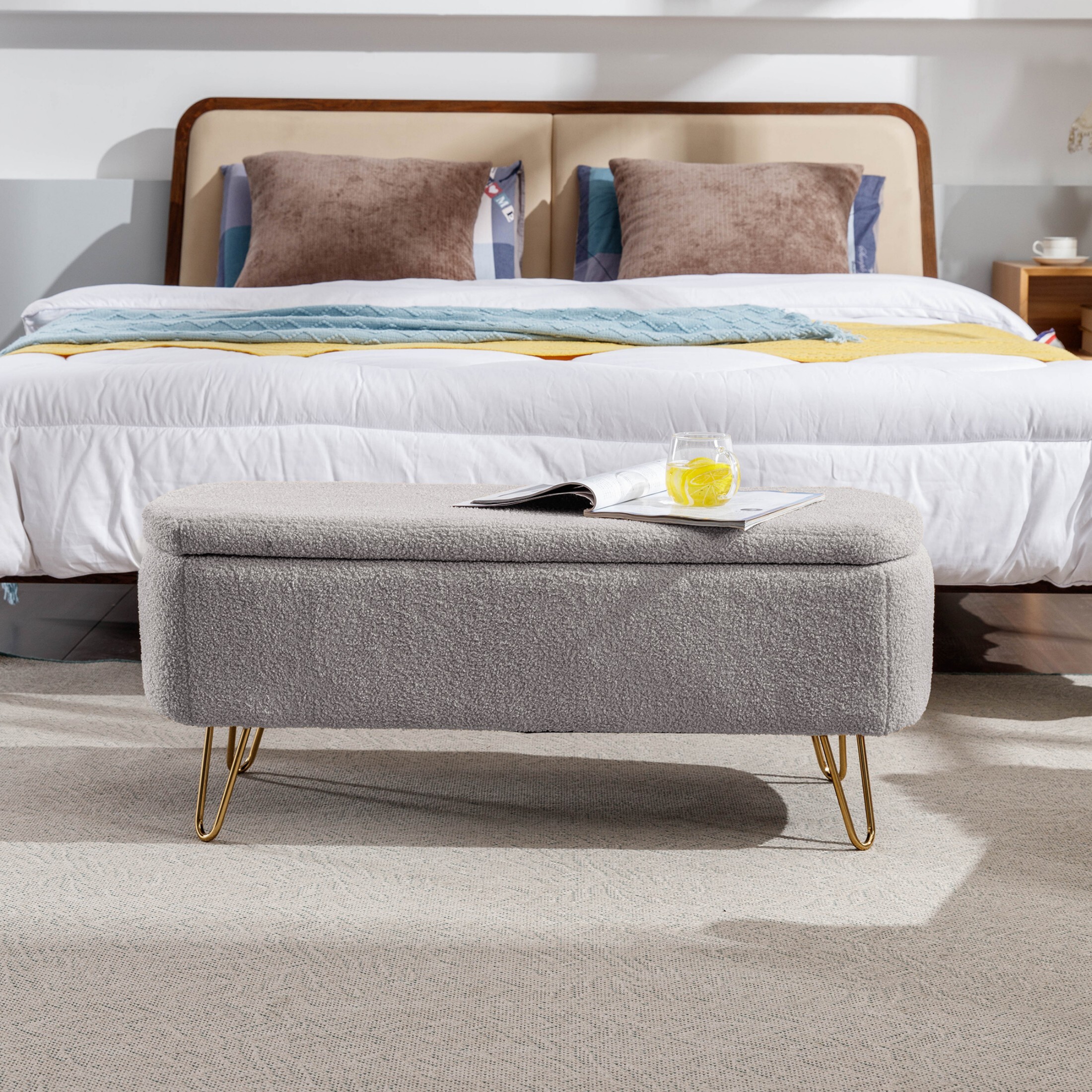 DEALTOPS Stylish Faux Fur Storage Bench, Oval Ottoman with Storage Space and Metal Legs, Gray