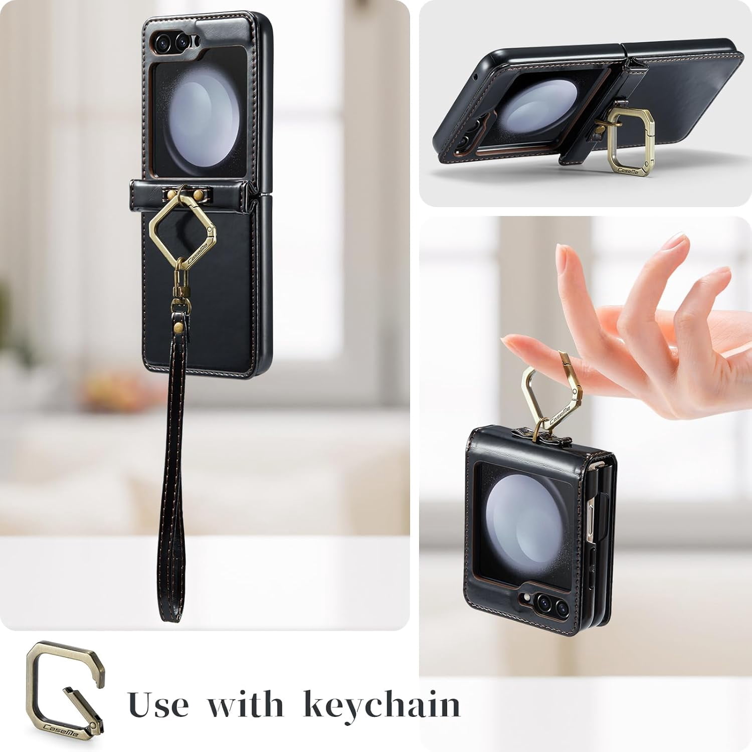 Phone Case for Samsung Galaxy Z Flip 5 5G 2023 with Lanyard Wrist Strap Thin Slim PU Leather Shockproof Hard Shell Protective Cell Cover ZFlip5 Z5 G Flip5 5Z Women Girls Black