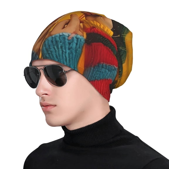 Xecao Colorful Sweaters And Strings Print Beanie Knitted Hat for Men Women, Winter Fashion Knit Cuffed Caps Unisex