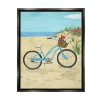 Stupell Industries Blue Bicycle Flower Blossom Basket Beach Sand Painting Jet Black Floating Framed Canvas Print Wall Art, Design by Sharon Lee