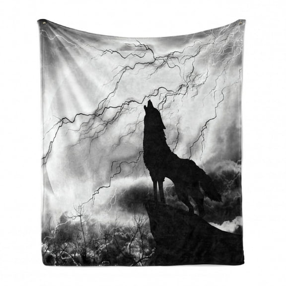 Wolf Soft Flannel Fleece Blanket, Howling Animal Silhouette on a Cliff Under Full Moon Mysterious Dramatic Sky, Cozy Plush for Indoor and Outdoor Use, 60" x 80", Black Grey and White, by Ambesonne