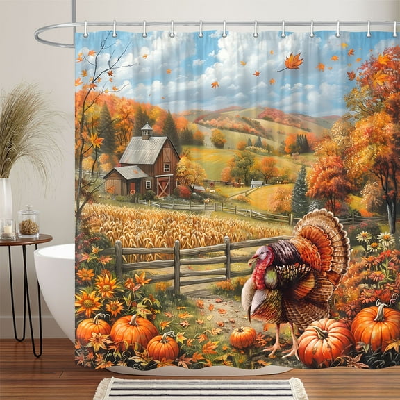 Fall Shower Curtain, Thanksgiving Day Pumpkin Harvest Autumn Shower Curtain For Bathroom, Rustic Farm Turkey Fabric Shower Curtain, Vintage Farmhouse Fall Shower Curtain Set with 12PCS Hooks, 70X70IN