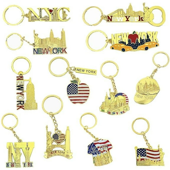 12 Pack Gold NYC Souvenir Keychain Collection New York Metal Keychain Ring Bundle Includes Empire State, Freedom Tower, Statue Of Liberty, USA Flag, NY Cab, Bottle Opener too And More