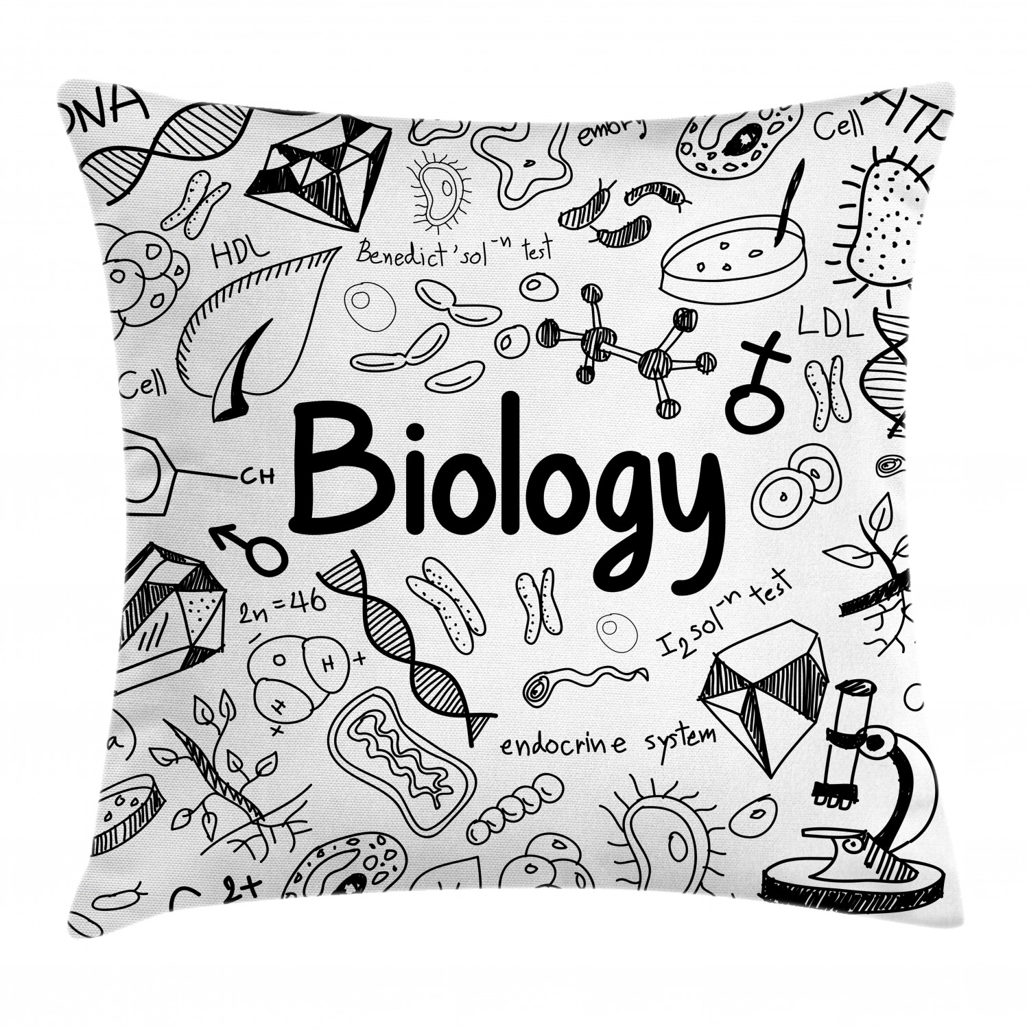 Biology Throw Pillow Cushion Cover, Doodle Handwriting Elements School
