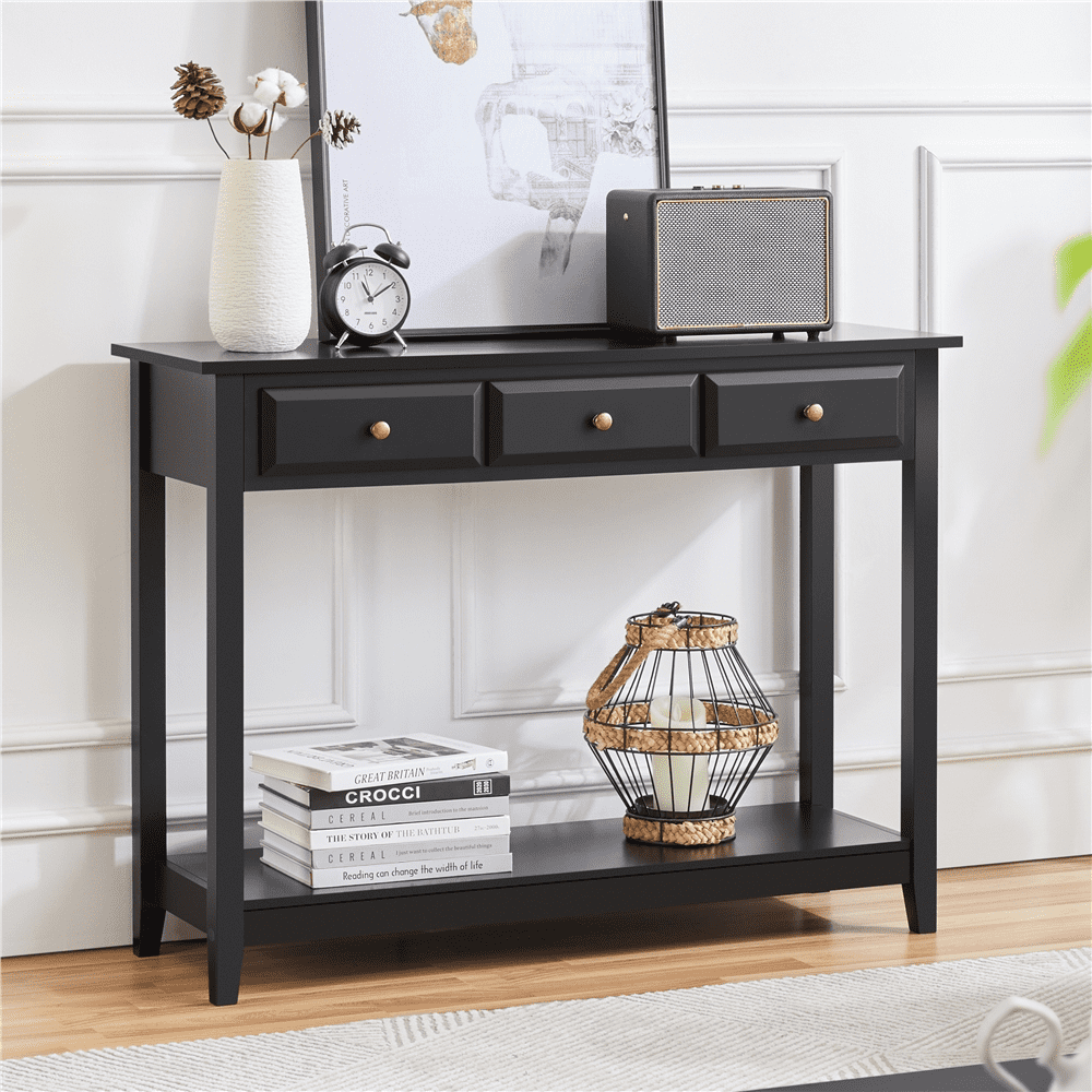 Yaheetech 3-Drawer Wooden Console Table Entryway Table with Storage Shelf Pine Wood Legs, Black