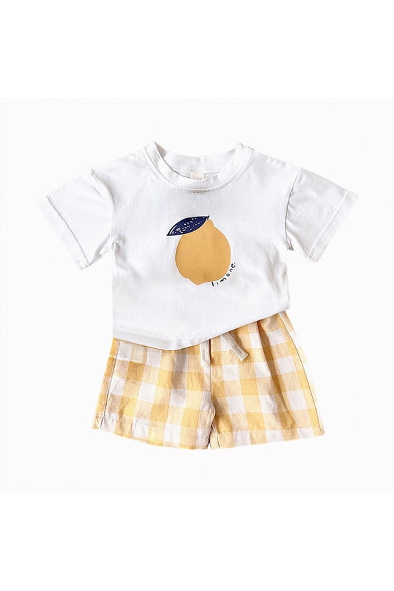 Toddler Baby Girl Summer Clothes Back To School Outfits First Day of Preschool T-Shirt Top Gingham Shorts Sets Infant Fruit Print Outfit (Yellow,18-24 Months)