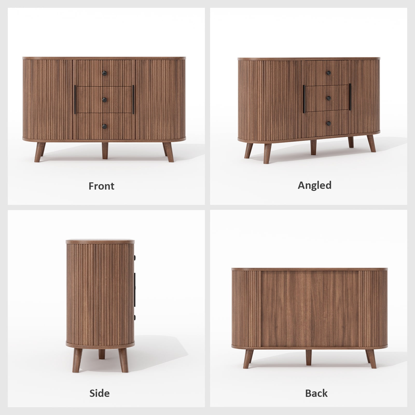 Hommoo Sideboard Buffet Cabinet with 2 Sliding Tambour Doors and 3 Drawers, Credenza Storage Cabinet with Adjustable Shelves for Living Room, Walnut