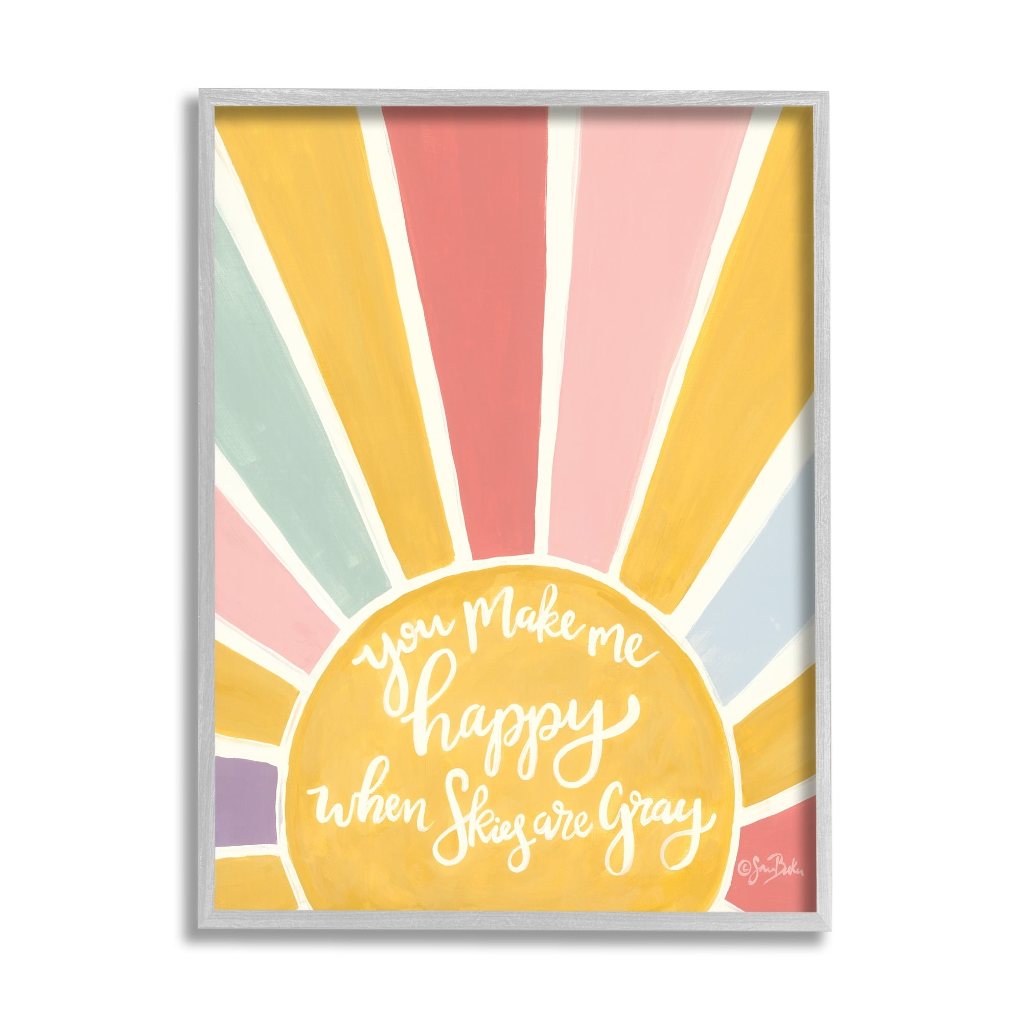 Stupell Industries You Make Me Happy Yellow Striped Sunshine Calligraphy Framed Wall Art, 11 x 14, Design by Sara Baker