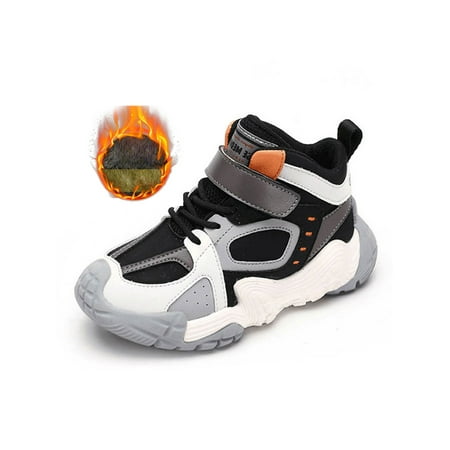 

Avamo Unisex Kids Sneaker Round Toe Sneakers Plush Lined Running Shoes School Winter Shoe Hiking Keep Warm Hook And Loop Black with Thicken Plush 9C